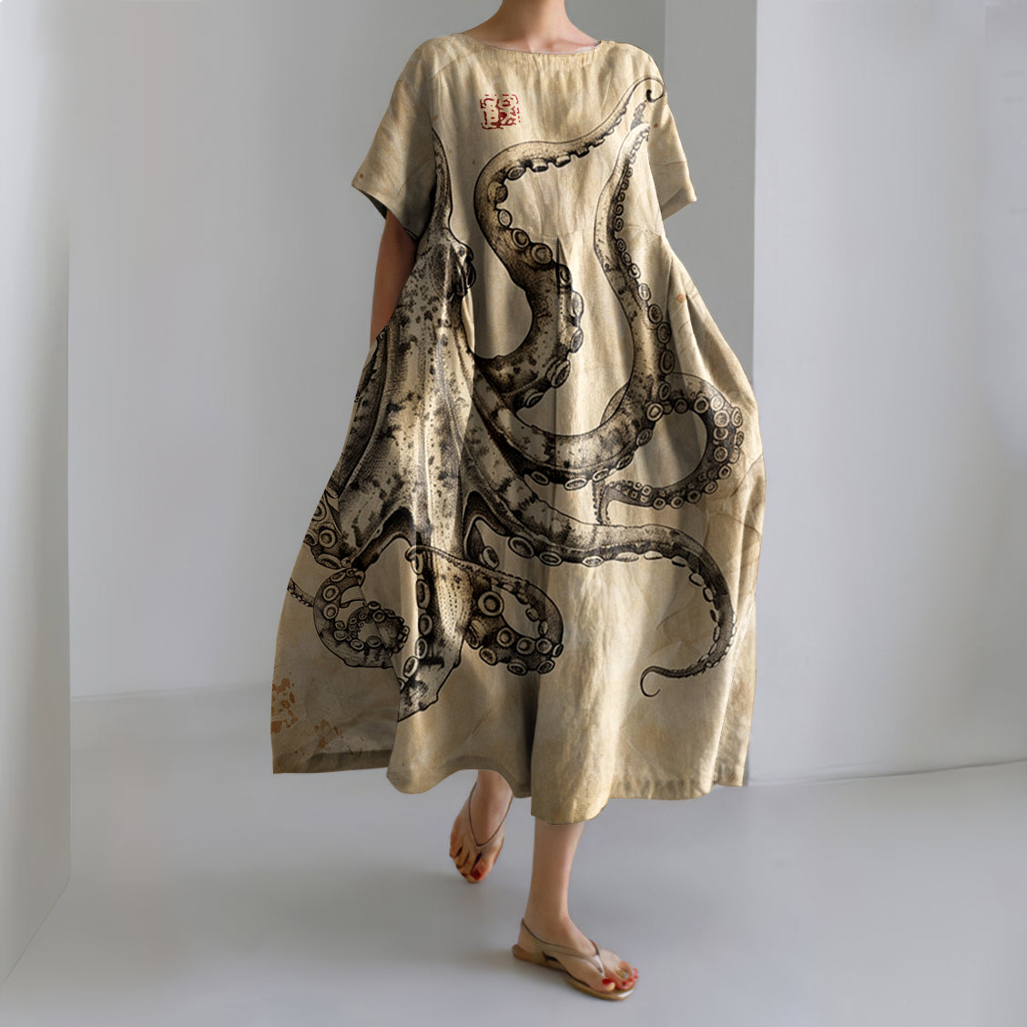 Retro Japanese Art Octopus Print Casual Midi Dress elevenforest
