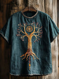 Viking Tree Of Life Embroidered Art Men's Linen T-shirt elevenforest