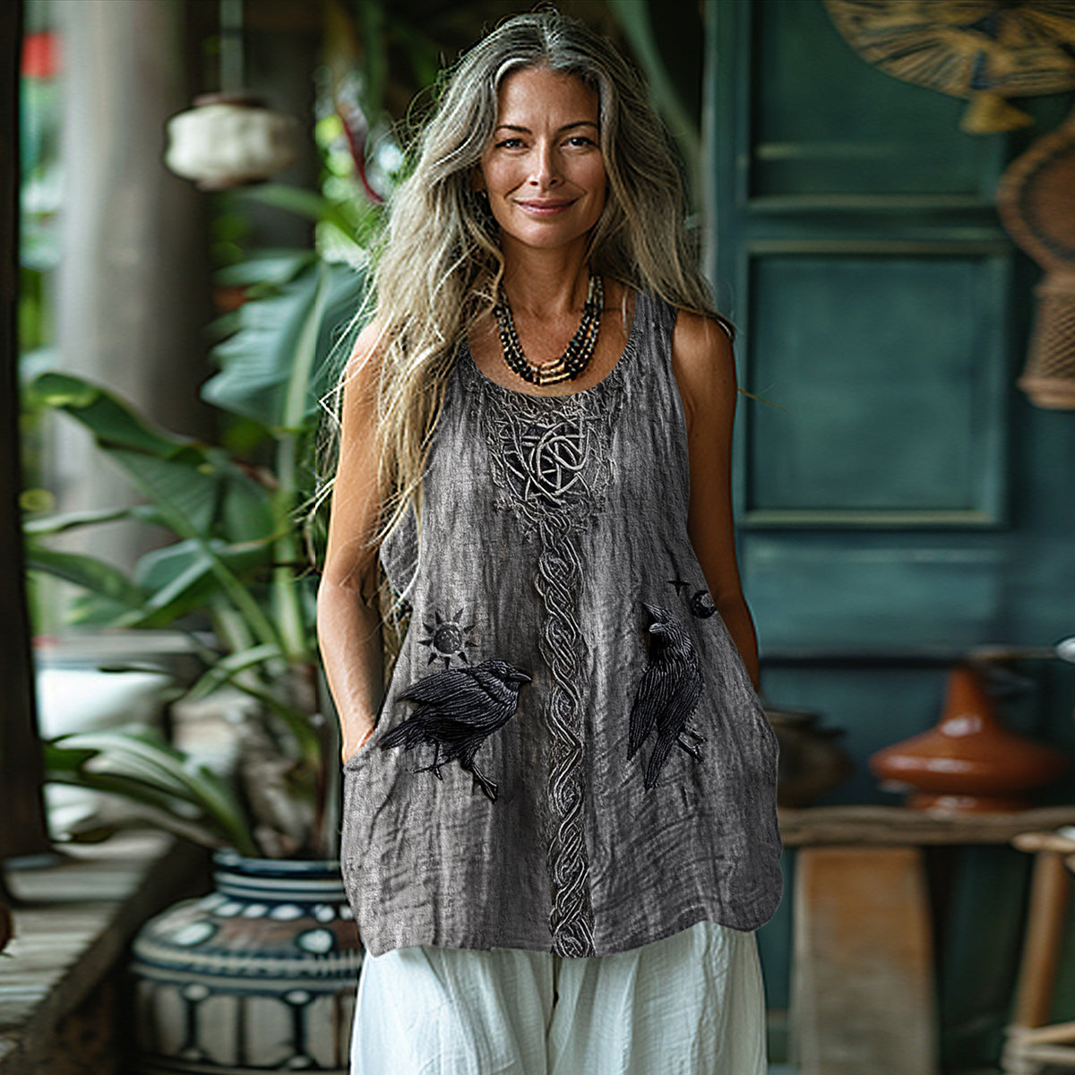 Women's Tribal Raven Celtic Mythology Graphics Cotton And Linen Tank Top elevenforest