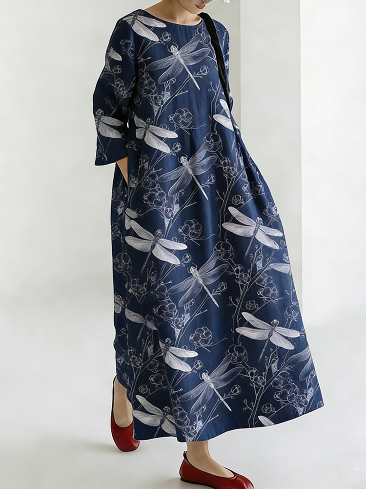 Comstylish Japanese Art Retro Style Dragonfly And Plant Flower Print Women's Dress