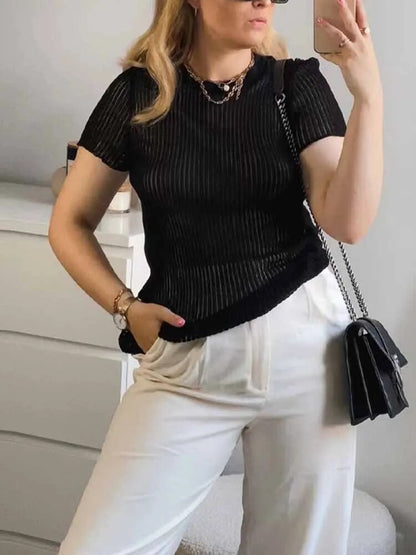 100% Wool White Striped See Through Tops Outfits Short Sleeve T-shirts Tees Skinny Club Party Clothes