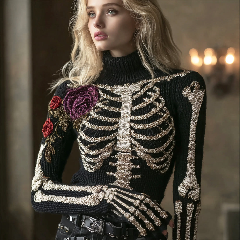 Comstylish Elegant Skeleton & Floral Women's Turtleneck Knit Sweater