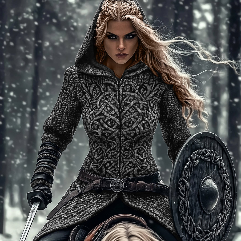Women's Viking Tribal Jacquard Celtic Chunky Knit Zip-up Hooded Sweater elevenforest