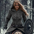 Women's Viking Tribal Jacquard Celtic Chunky Knit Zip-up Hooded Sweater elevenforest