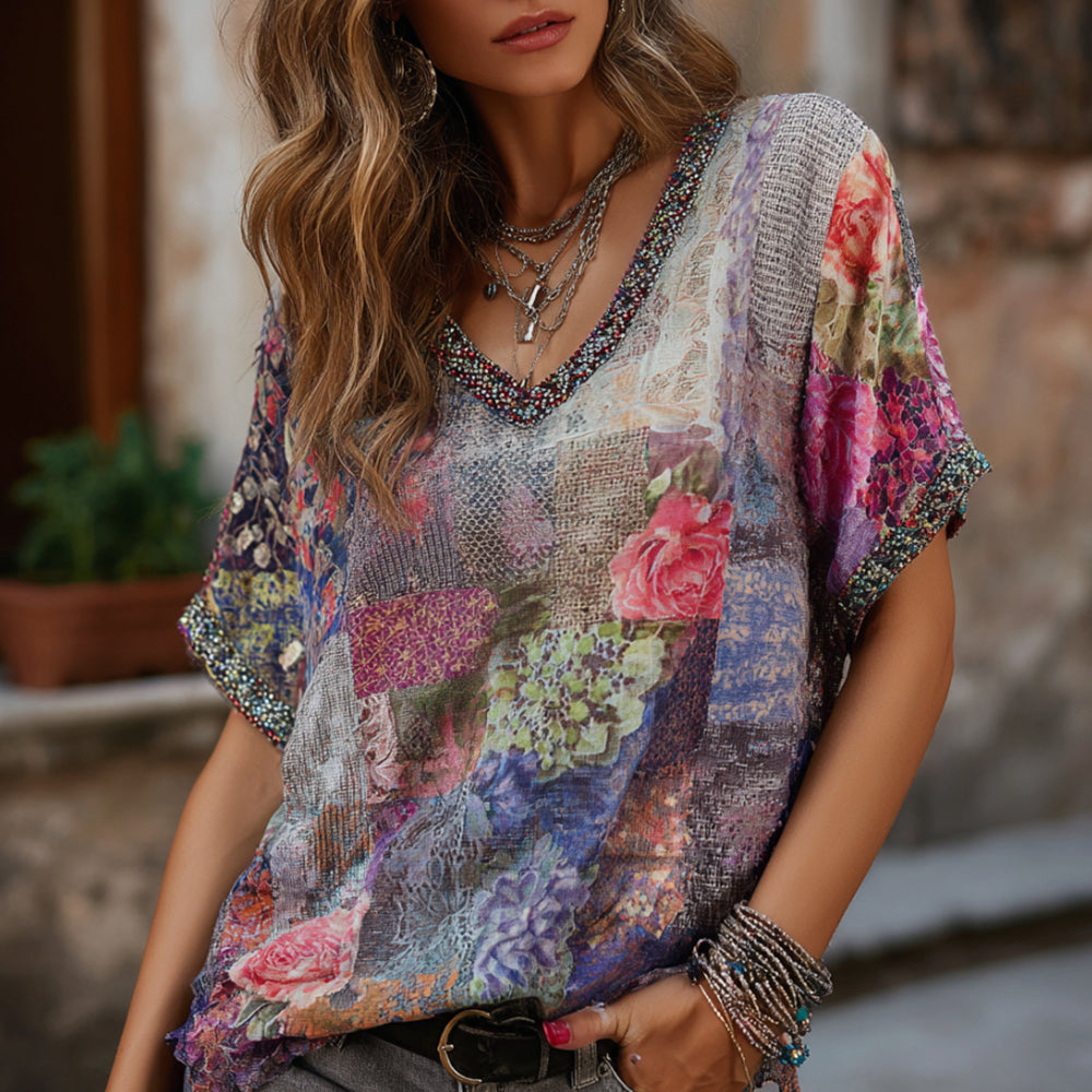 Vintage Bohemian Geometric Floral Patchwork Lightweight Short Sleeve Top elevenforest