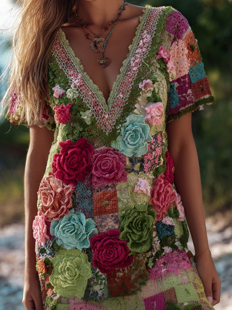Vintage Crochet Roses Embroidered Patchwork V Neck Mini Dress elevenforest