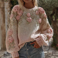 Women's Vintage Pink Rose Art Cozy Pullover Sweater elevenforest
