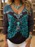Women's Retro Western Print Drop Shoulder Sweater elevenforest