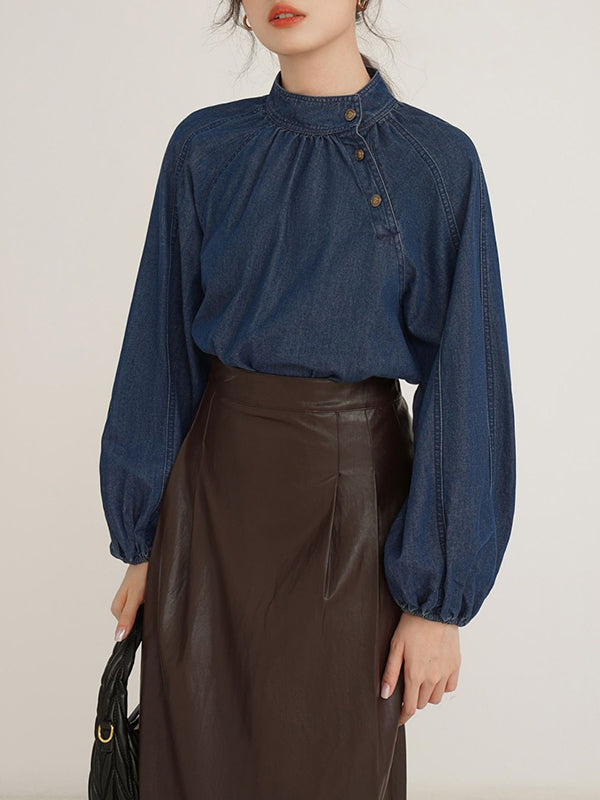 Loose Puff Sleeves Asymmetric Pleated Split-joint High Neck Blouses&shirts Tops
