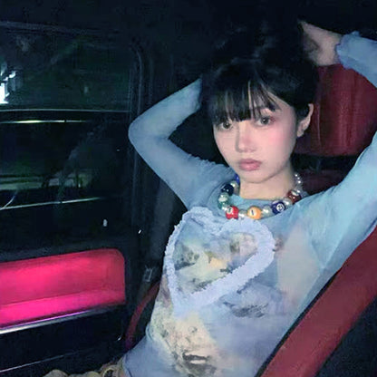 Gauze Heart Sweet Blue Tie Dye T-shirt Y2k Mesh Butterfly Tops Full Sleeve Tees Crew Neck Elastic Clas
