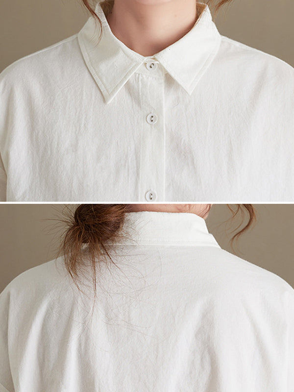 Simple Buttoned Lapel Collar Long Sleeves Blouse