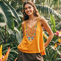 Women's Ethnic Floral Art Linen Sleeveless Tank Top elevenforest