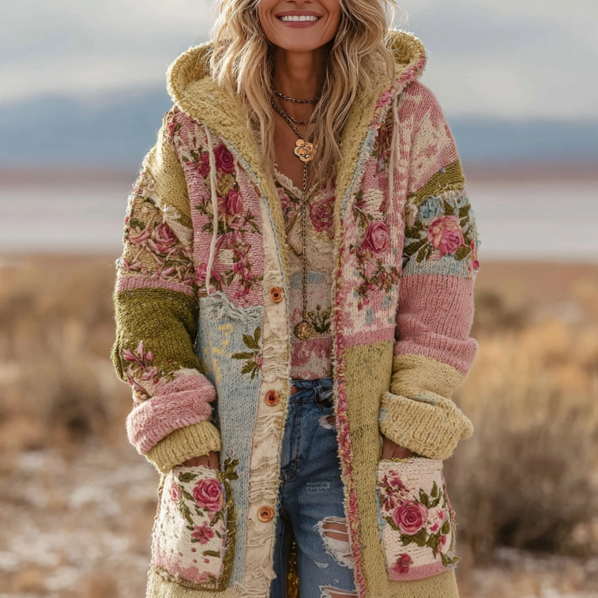 Women's Vintage Patchwork Floral Art Cozy Knit Hooded Cardigan elevenforest