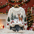 Comstylish Christmas Snow Scene Reindeer Women's Comfortable Plush Sweater