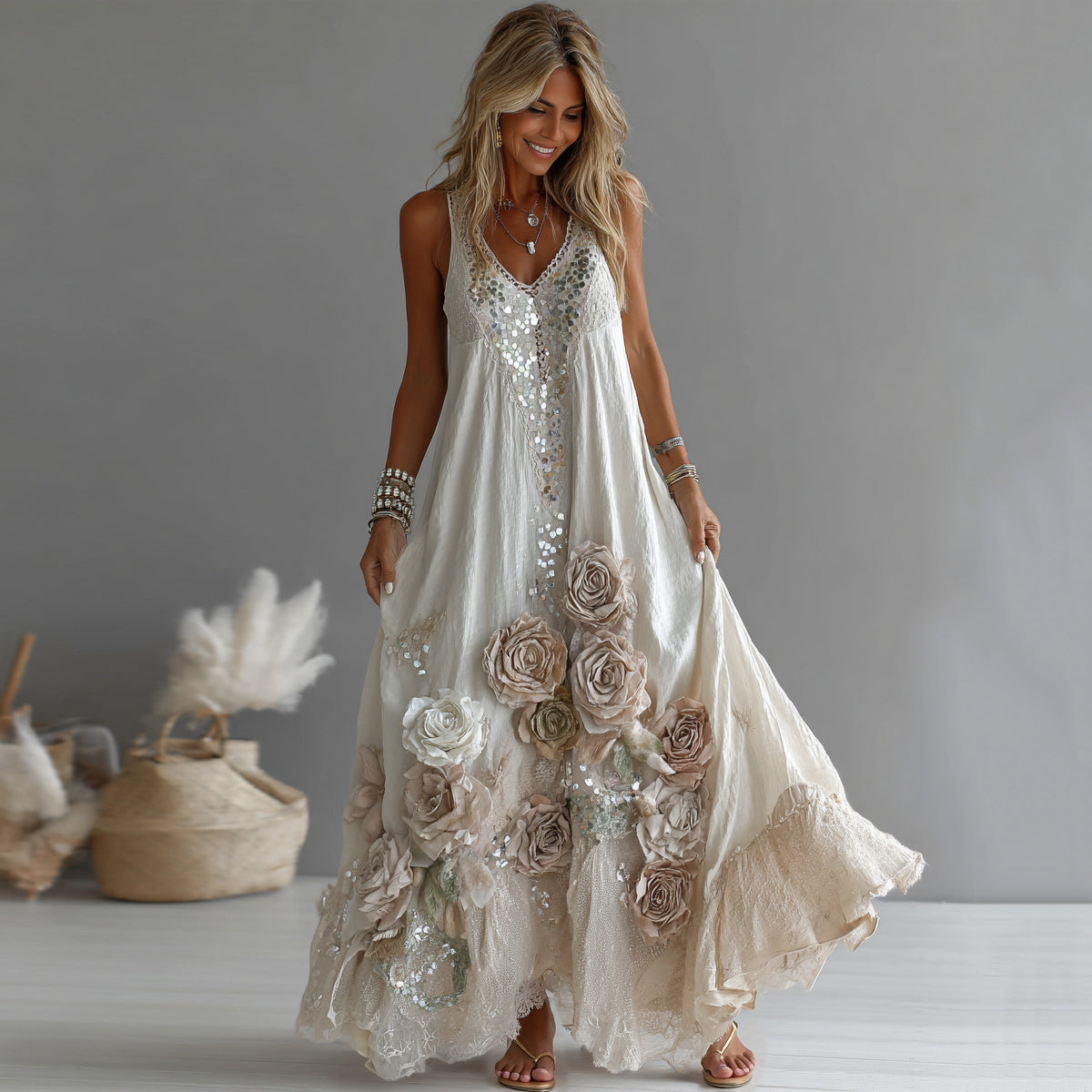 Women's Vintage Rose Embroidered V-neck Sleeveless Maxi Dress elevenforest