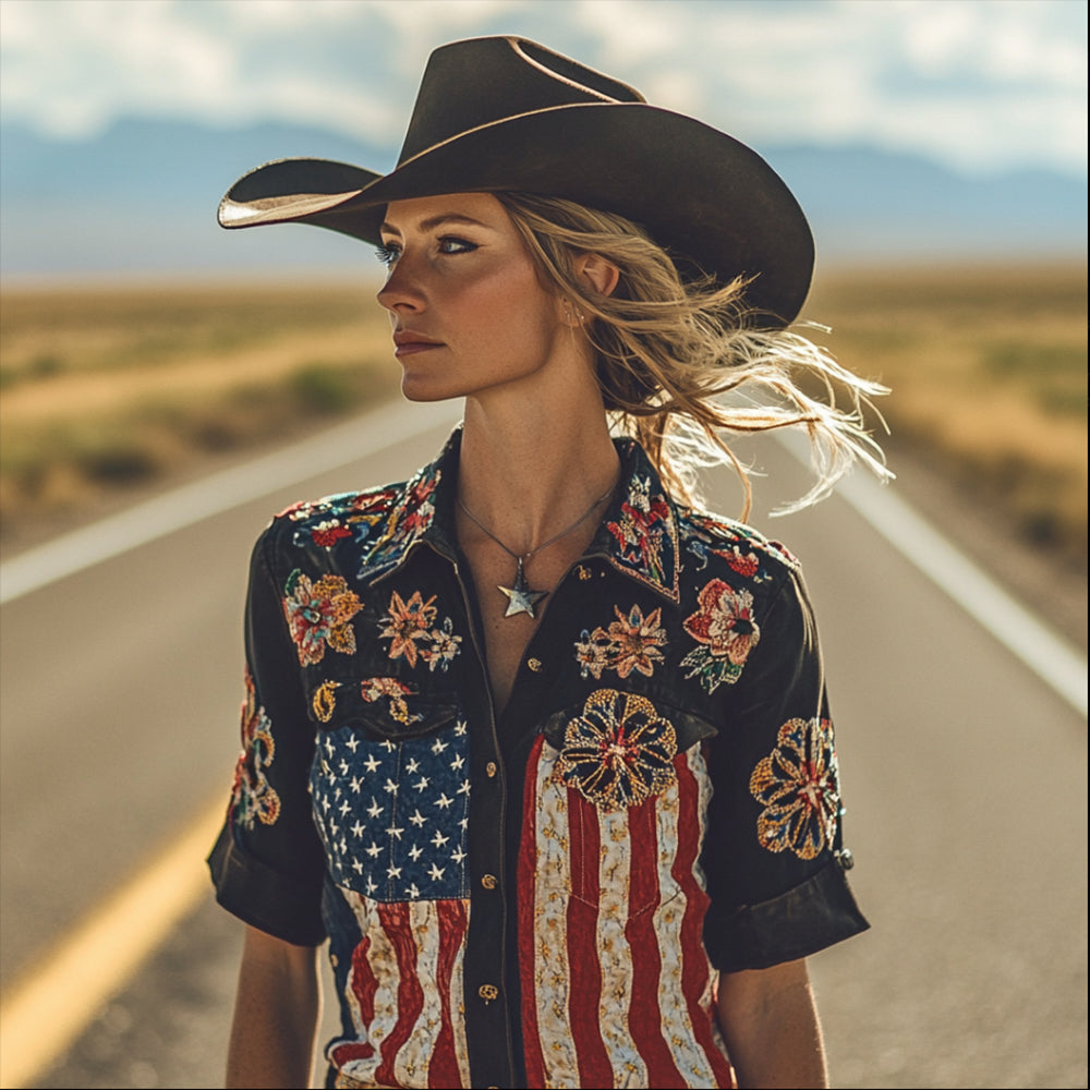 Independence Day Multi-color Flower Embroidery Lapel Short-sleeved Shirt elevenforest