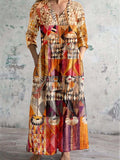 Women's Vintage Bohemian Pattern V Neck Dress with Pockets