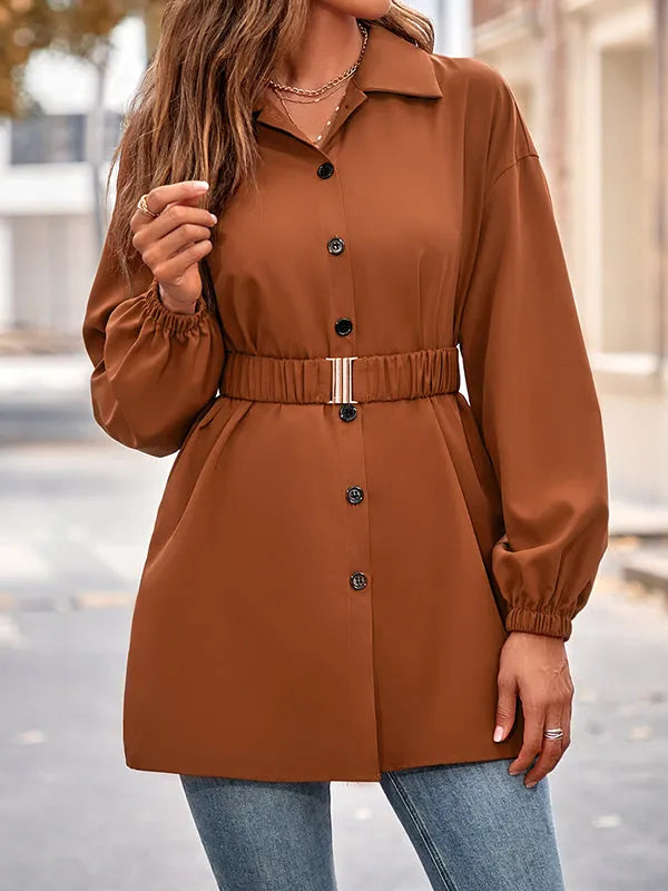 Loose Belted Color Lapel Blouses&shirts Tops Shirts Tops
