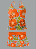 Women's Vintage Floral Print Suspender Shirred Swimsuit Set