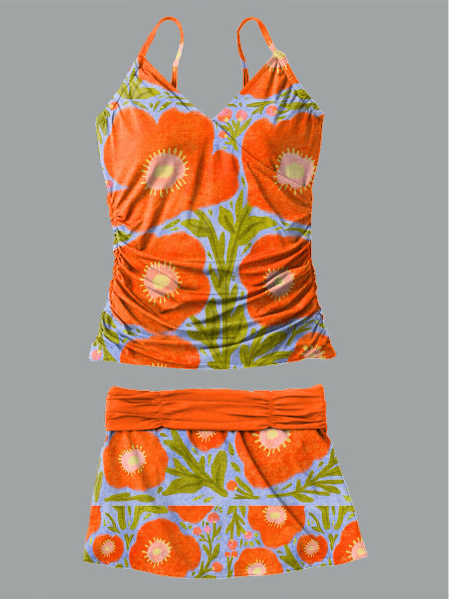 Women's Vintage Floral Print Suspender Shirred Swimsuit Set