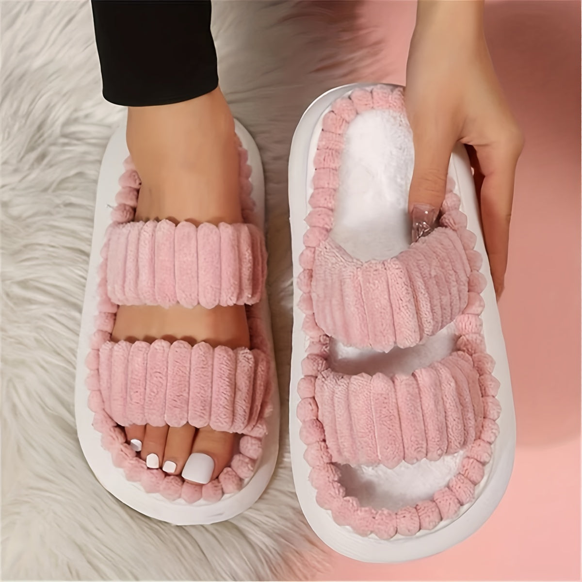 Double Straps Plush Slippers Ht0147