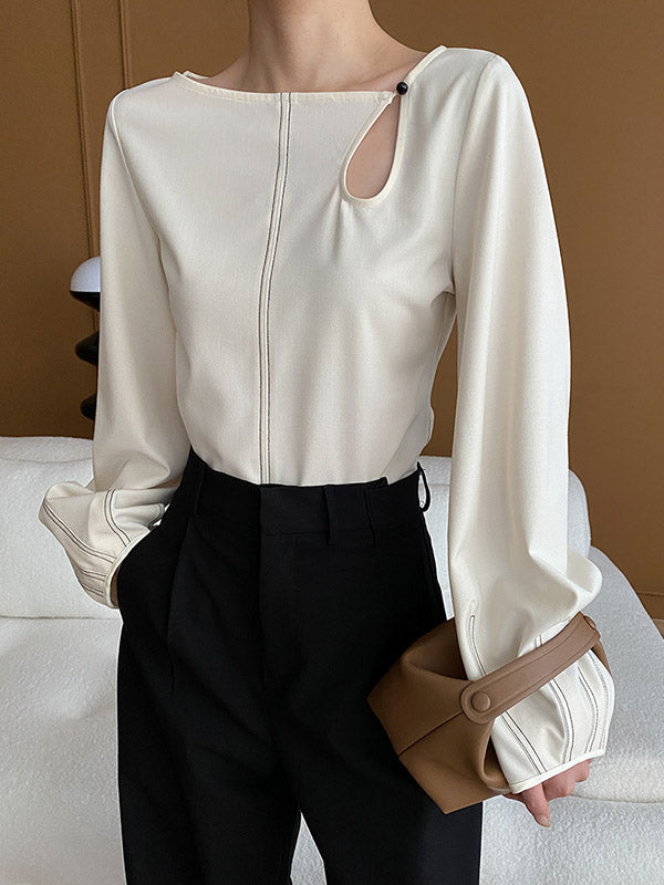Long Sleeves Loose Asymmetric Belly-hollow Color Round-neck Blouses&shirts Tops