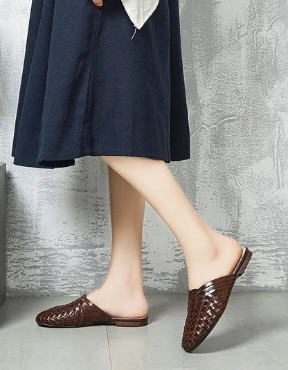 Woven Leather Round Head Slippers