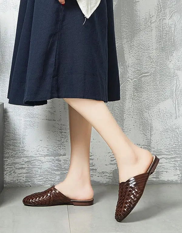 Woven Leather Round Head Slippers