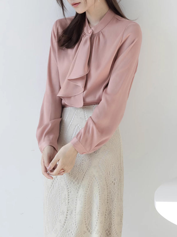 Long Sleeves Loose Buttoned Pleated Ribbon Color Mock Neck Blouses&shirts Tops