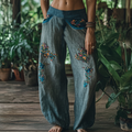 Vintage Bohemian Floral Art Printed Cotton Linen Wide Leg Pants elevenforest