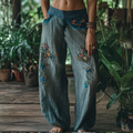 Vintage Bohemian Floral Art Printed Cotton Linen Wide Leg Pants elevenforest