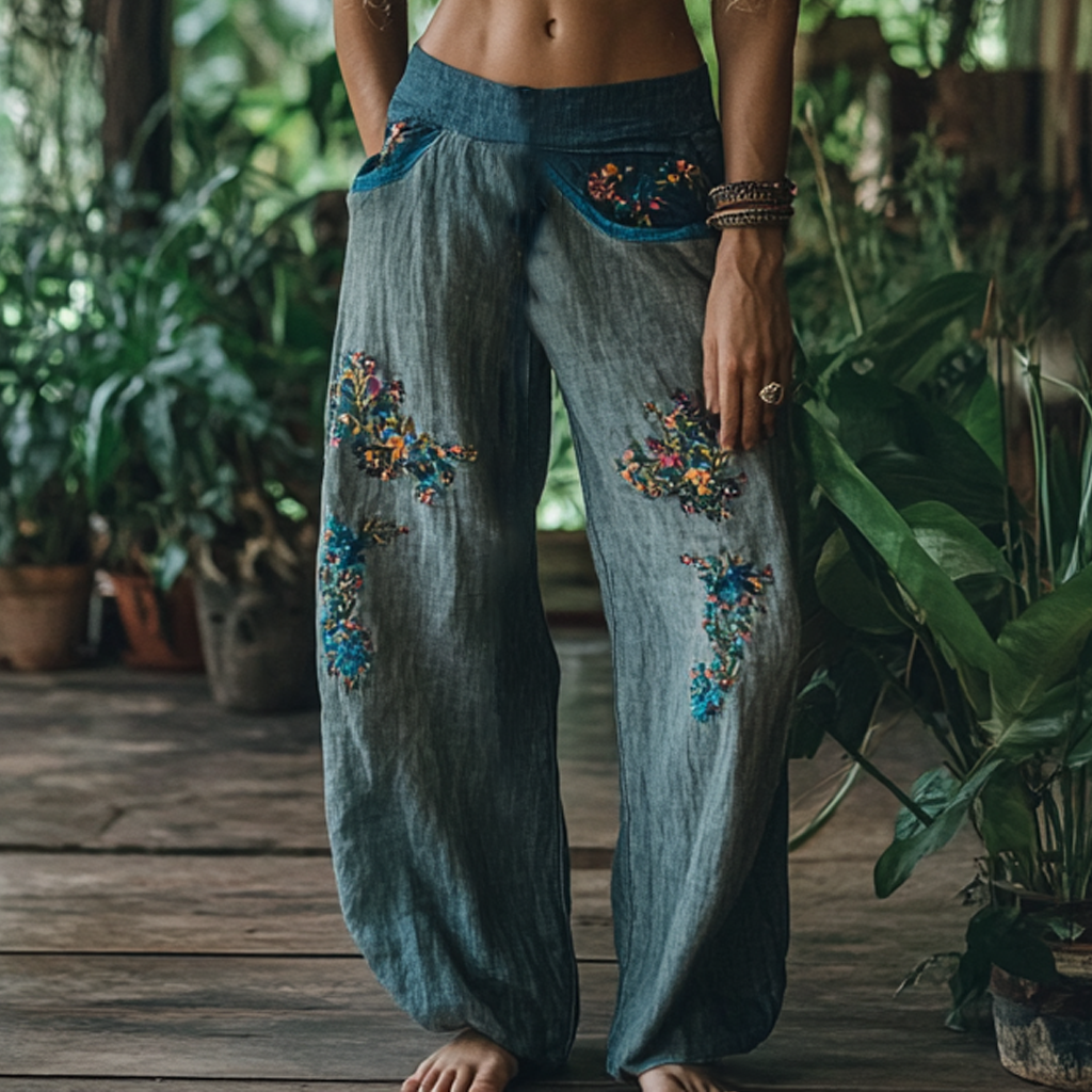 Vintage Bohemian Floral Art Printed Cotton Linen Wide Leg Pants elevenforest