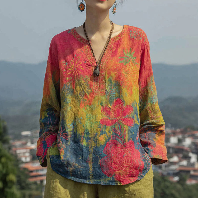 Women's Floral Pattern Tie-dye Art V-neck T-shirt elevenforest