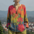 Women's Floral Pattern Tie-dye Art V-neck T-shirt elevenforest