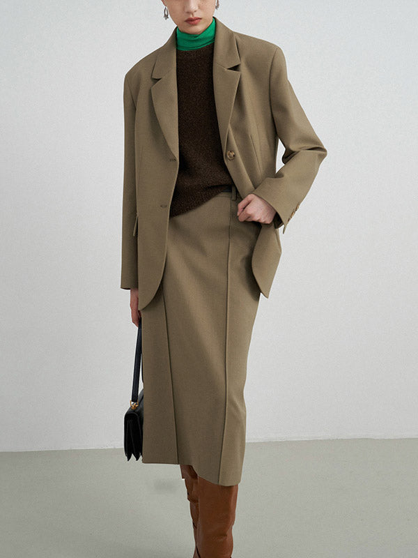 Loose Buttoned Color Long Sleeves Lapel Blouses&shirts Tops + Skirts Bottom + Notched Collar Blazer Outerwear Three Pieces Set
