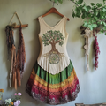 Vintage Tribal Celtic Knot Life Of Tree With Rainbow Patchwork Art Linen Tank Dress elevenforest