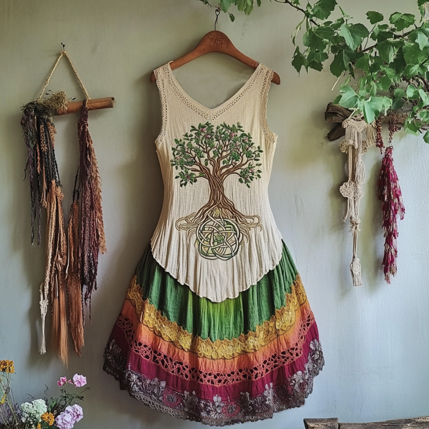 Vintage Tribal Celtic Knot Life Of Tree With Rainbow Patchwork Art Linen Tank Dress elevenforest