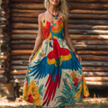 Bohemian Style Flower And Bird Pattern Retro Print Women's Dress elevenforest
