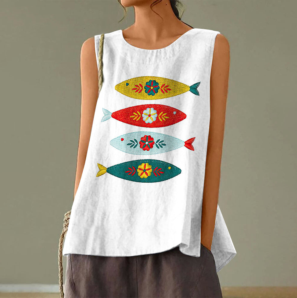 Comstylish Women's Vintage Swedish Fish Art Embroidered Cotton And Linen Vest