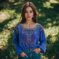 Retro Floral Embroidery Art Print Cotton And Linen Blend Loose Blouse elevenforest