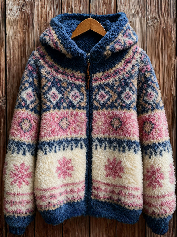 Vintage Snowflakes Contrast Isle Cozy Hooded Fleece Jacket