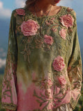 Vintage Pink Rose Embroidered Gradient Linen Tunic elevenforest