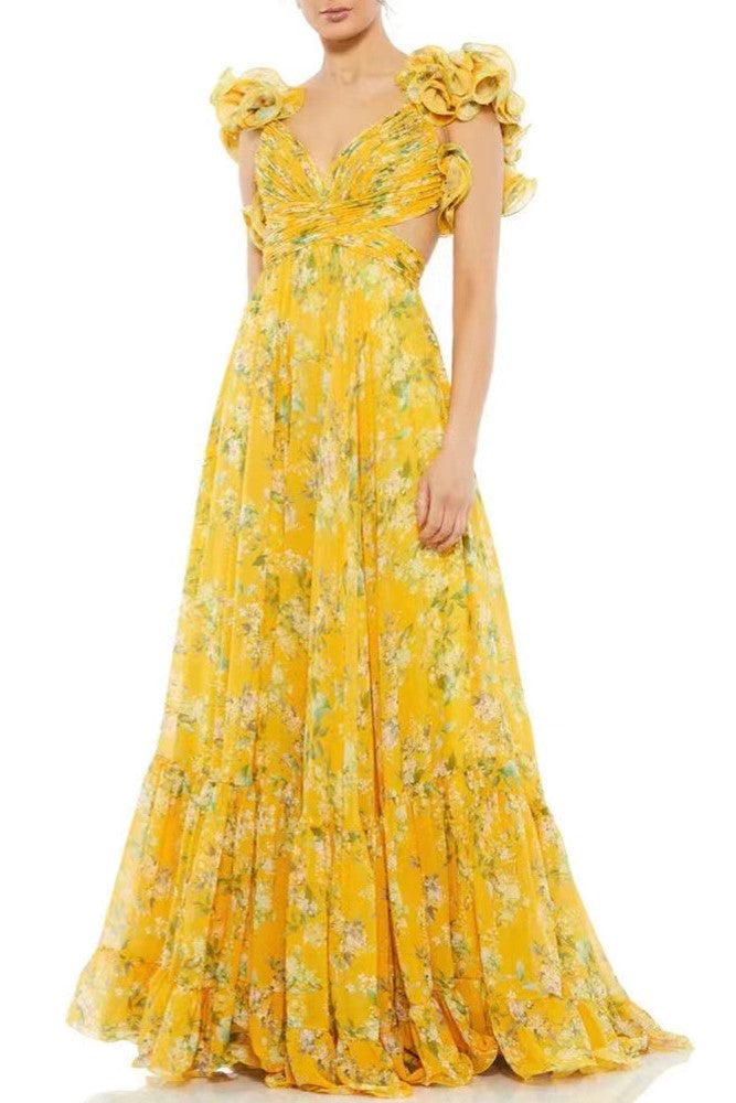 V-neck Cut-out Backless Ruffle Hem Maxi Dress Yellow