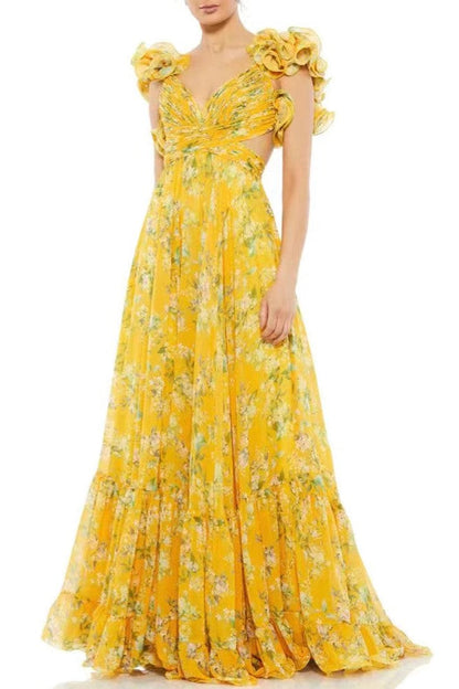 V-neck Cut-out Backless Ruffle Hem Maxi Dress Yellow