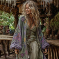 Vintage Bohemian Floral Art Embroidery Print Cotton And Linen Blend Midi-length Kimono Cardigan elevenforest