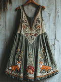 Vintage Fox Floral Embroidered Patchwork Linen Dress elevenforest