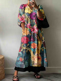 Women's Artistic Flower Color Block Pattern Cotton Dress