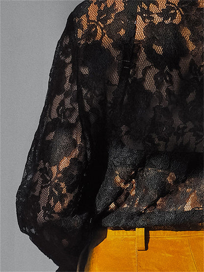 Tossy Lace Printed See-through Shirts for Lapel Hollow Out Long Sleeve Patchwork Cardigan ’s Loose Shirts Summer
