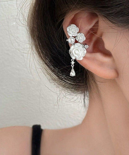 White Sterling Silver Asymmetrical Rose Tassel Drop Earrings