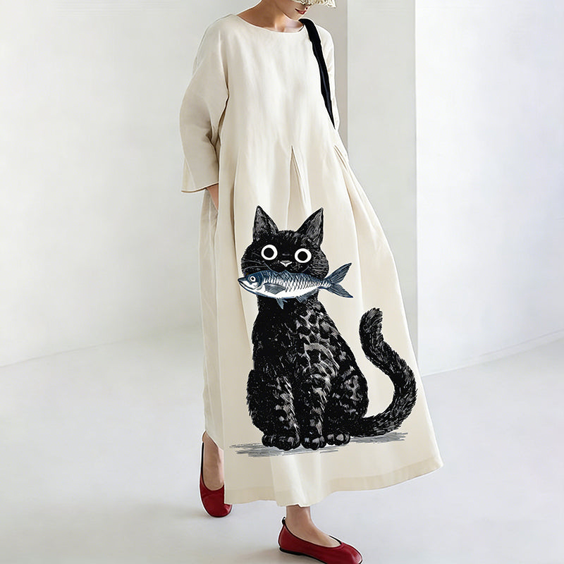 Comstylish Women's Japanese Artistic Fun Cat Pattern Linen Dress